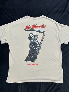 Last Call Co No Worries Grim Reaper Graphic T Shirt Men's XL Beige Tan Cotton Te